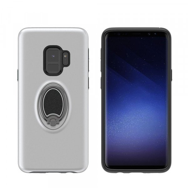 Wholesale Galaxy S9 Easy Carry Rotating Ring Stand Hybrid Case with Metal Plate (Silver)